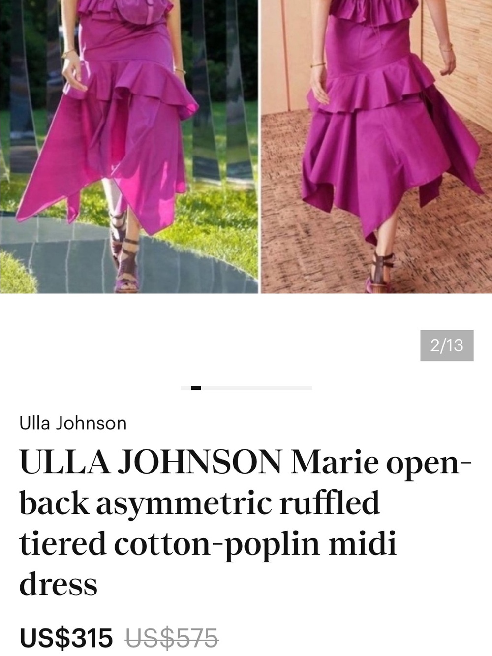 Brand New Ulla Johnson Fuchsia Asymmetric Ruffled Midi Dress
